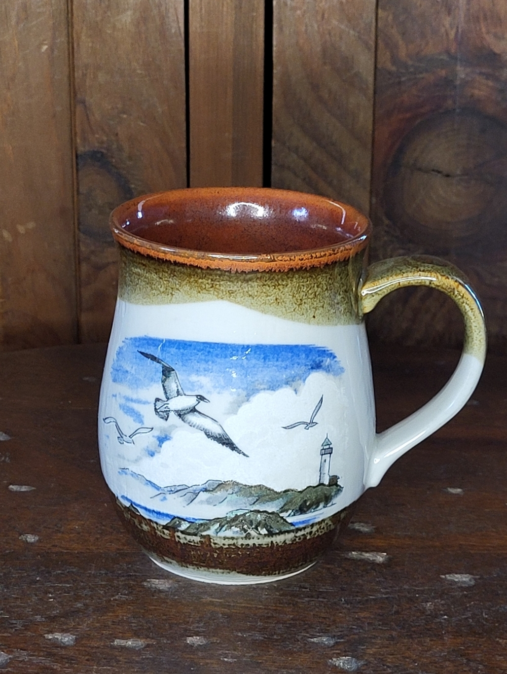 Coastal Seagull Scenic Ceramic Mug in Brown and Blue - Picture 3 of 9